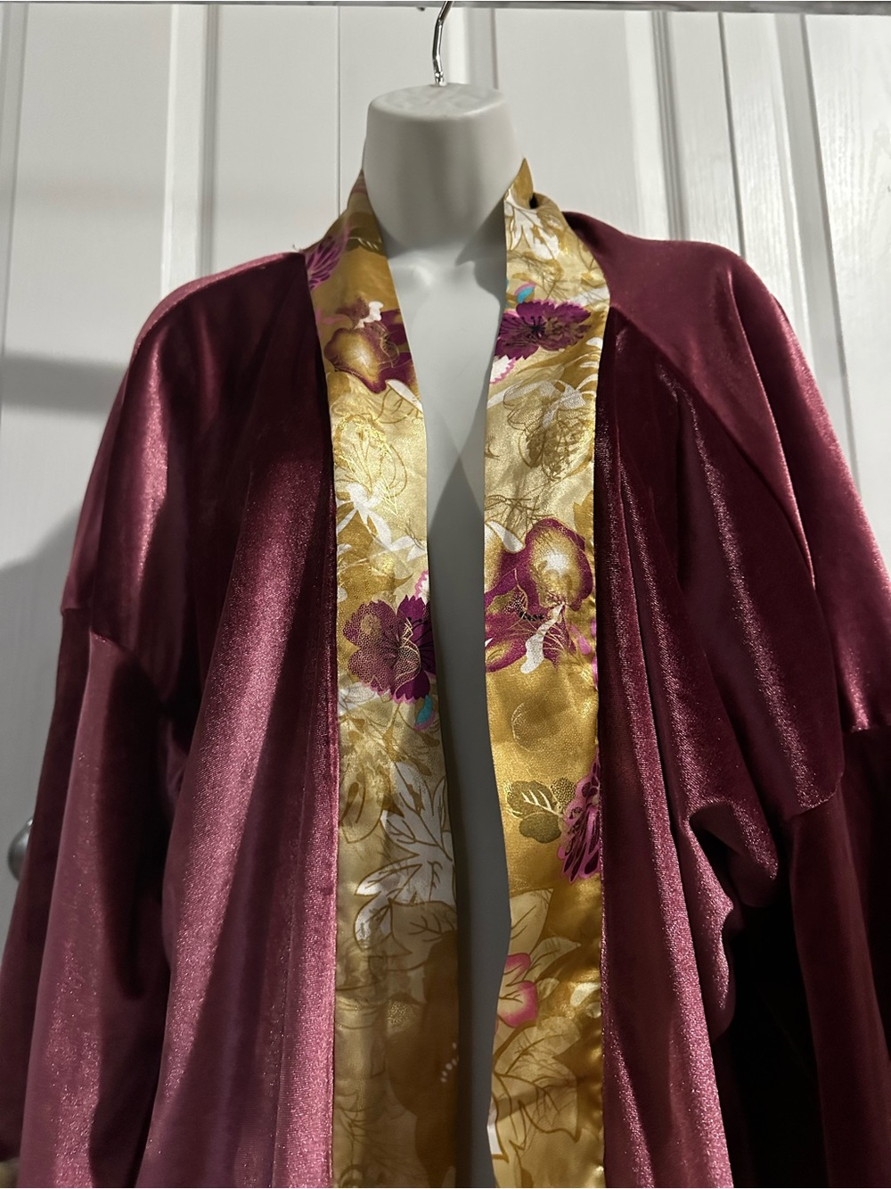 Velvet Maroon Kimono Robe with Gold Floral Trim